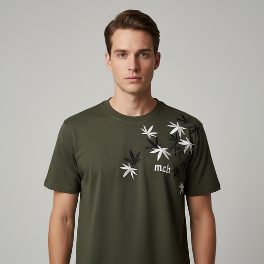 Olive Floral Embroidery Oversized Tshirt