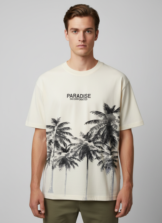 Beige Paradise Print Oversized Tshirt