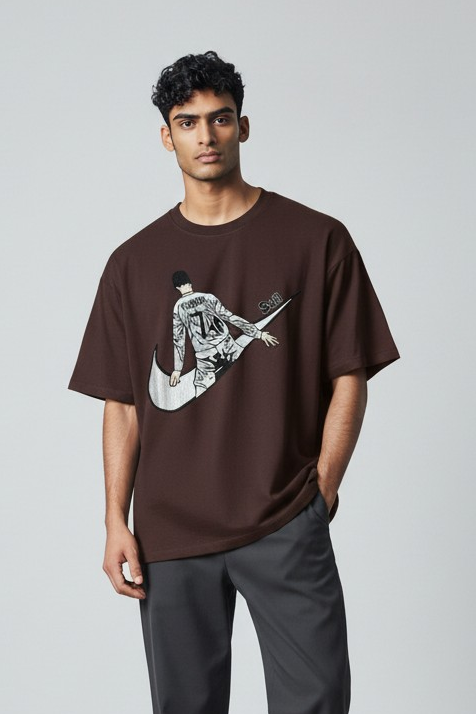 Brown Ronaldo Embroidery Oversized Tshirt