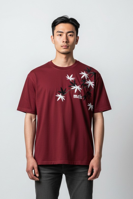 Wine Floral Embroidery Oversized Tshirt
