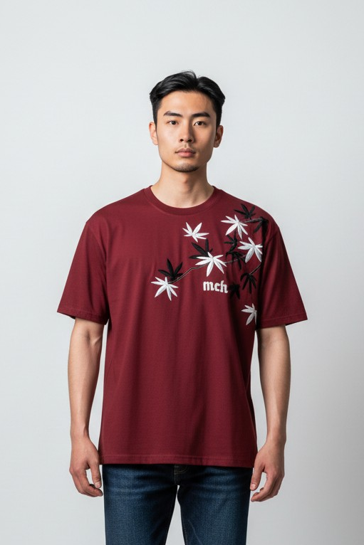 Wine Floral Embroidery Oversized Tshirt