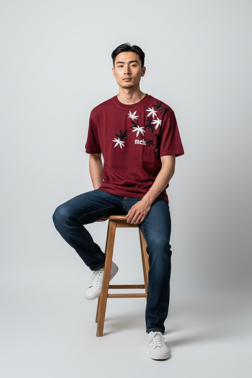 Wine Floral Embroidery Oversized Tshirt
