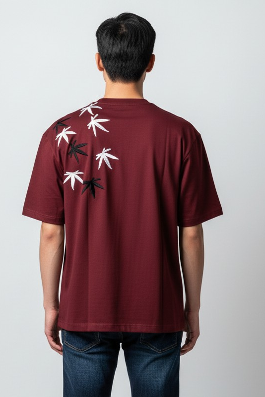 Wine Floral Embroidery Oversized Tshirt